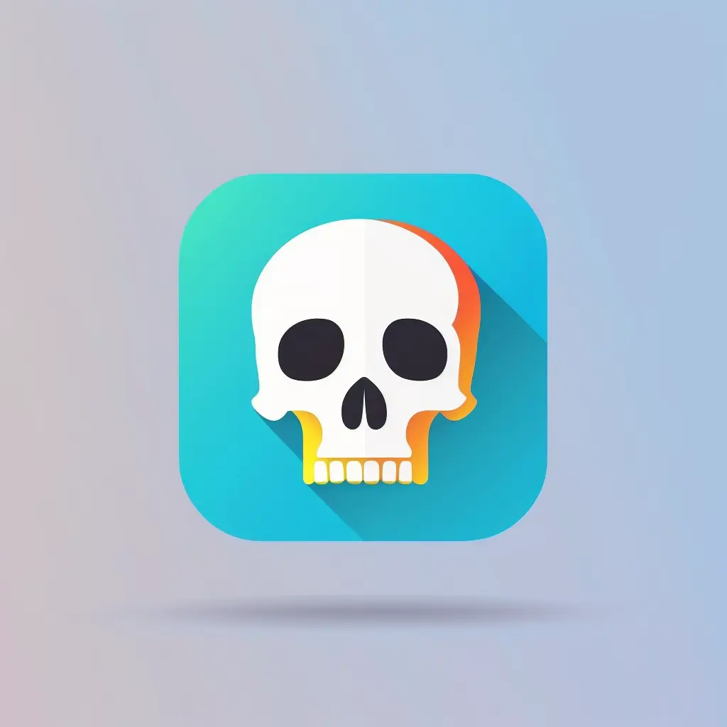 squared with round edges mobile app logo design, flat vector app icon of a skull, minimalistic, white background